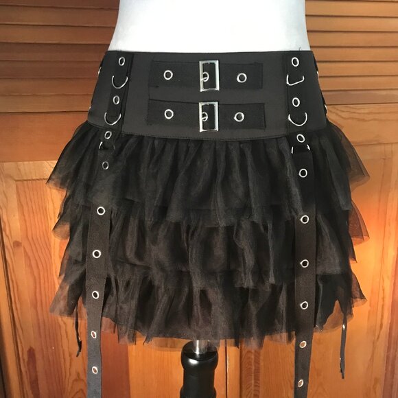 Goth Punk Visual Kei Black Buckle & Strap Ruffle Mini Skirt S - Picture 1 of 11
